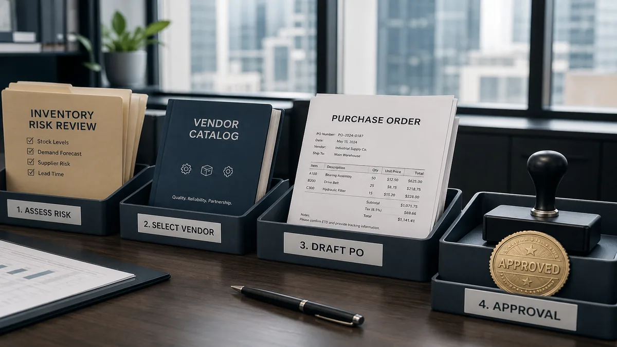Finance-ops desk with manila vendor folders and an unsigned purchase-order packet waiting beside an unused stamp