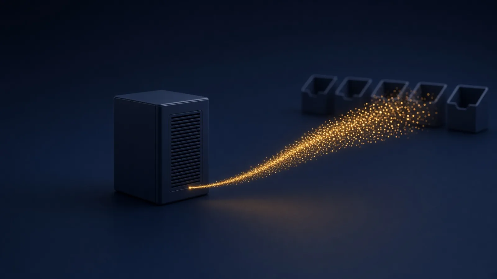 A navy server node releasing a rising amber stream of light toward a row of inbox-shaped gates, showing a gradual dedicated IP warm-up.