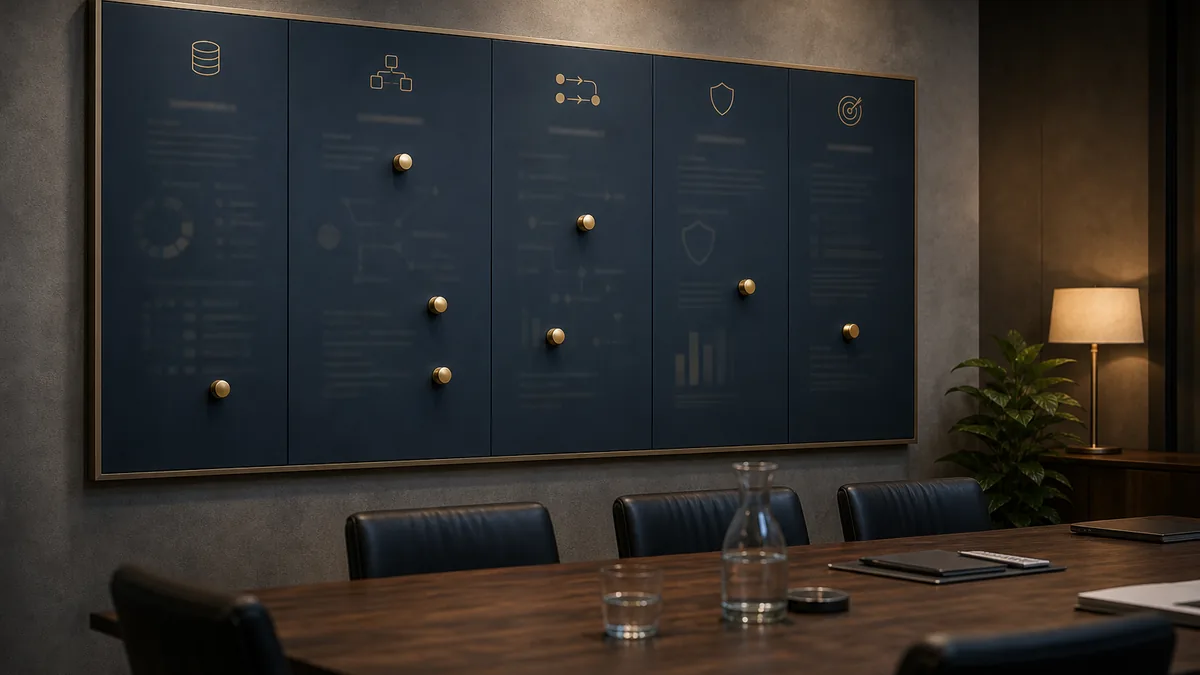 Executive assessment wall of five navy panels for data, integrations, process, governance, and priority in a charcoal boardroom