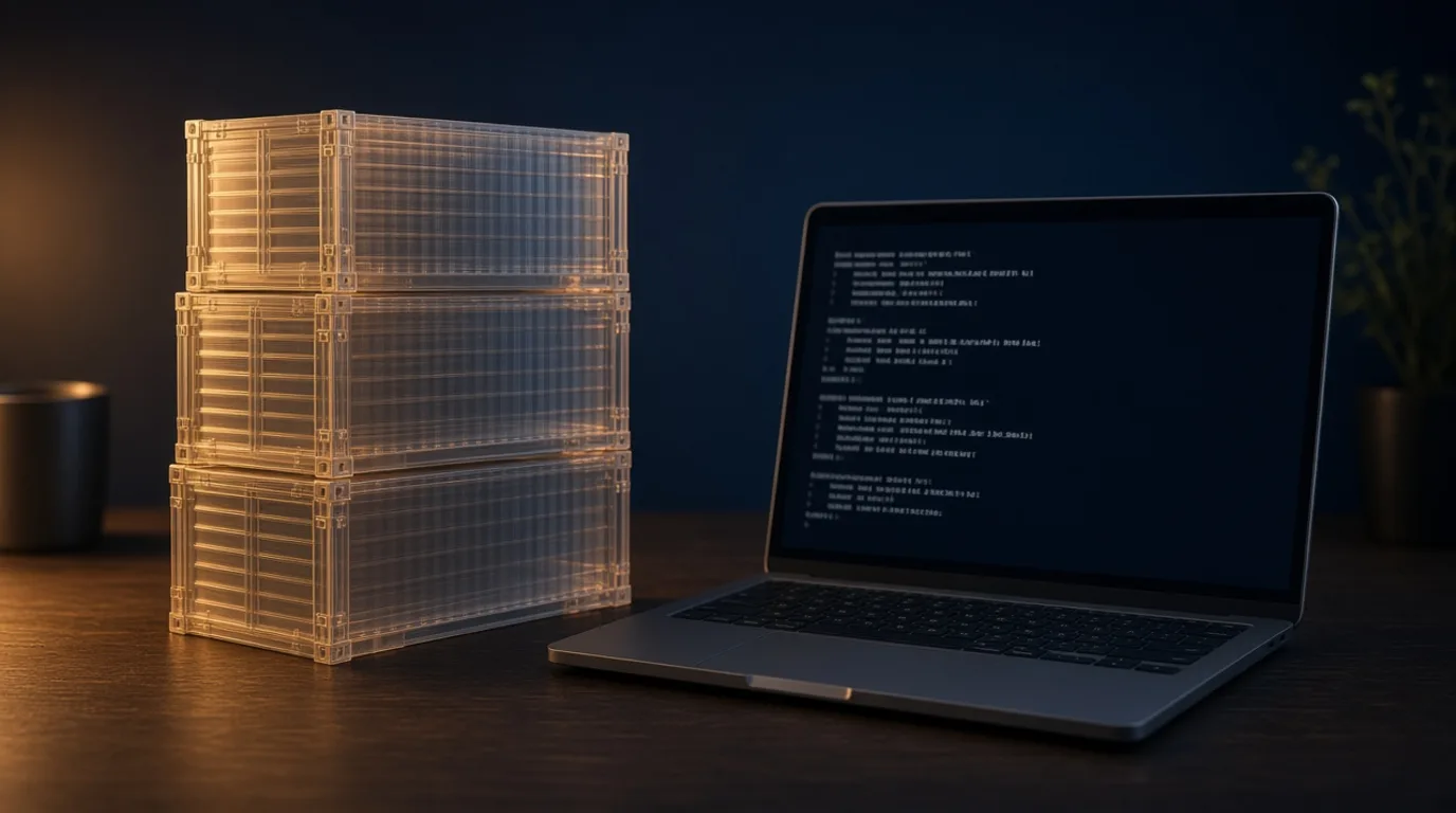 Desk with a laptop and stacked translucent container shapes under amber light.